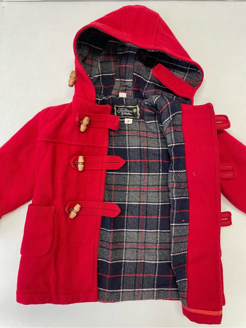 VTG Fieldston Clothes Boys Girls 4T Hooded Red Wool Coat Black Plaid Interior